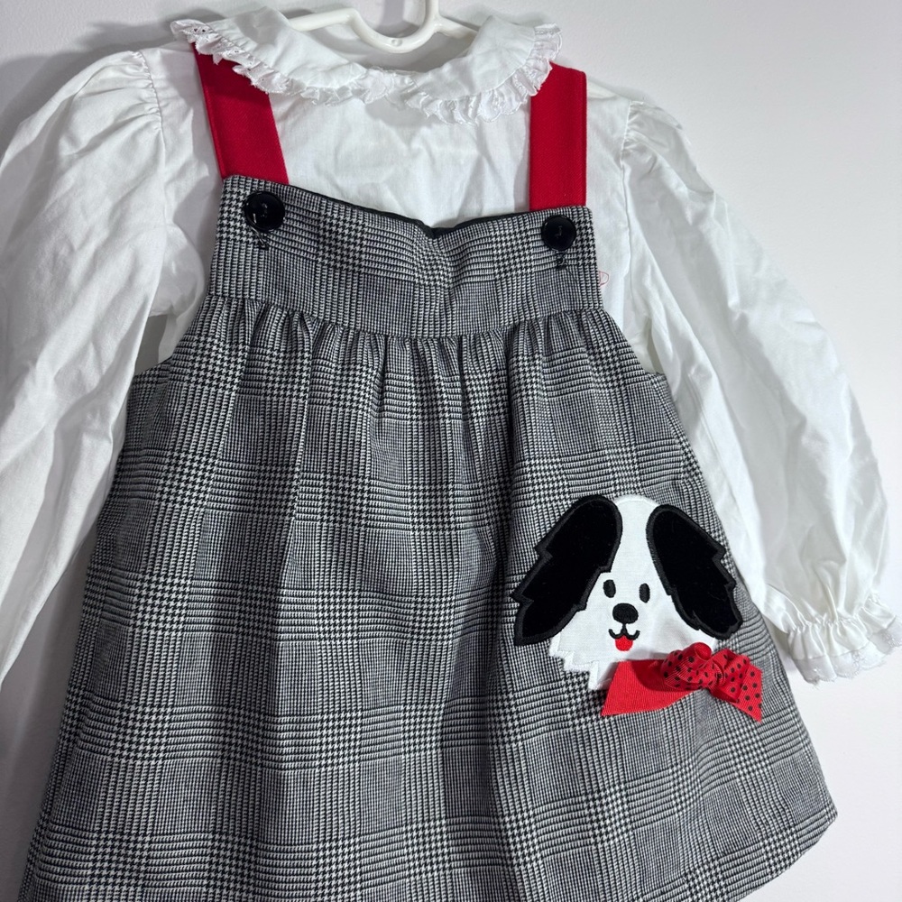 Vintage Girls Plaid Jumper Dress Set 4T Dog Applique USA